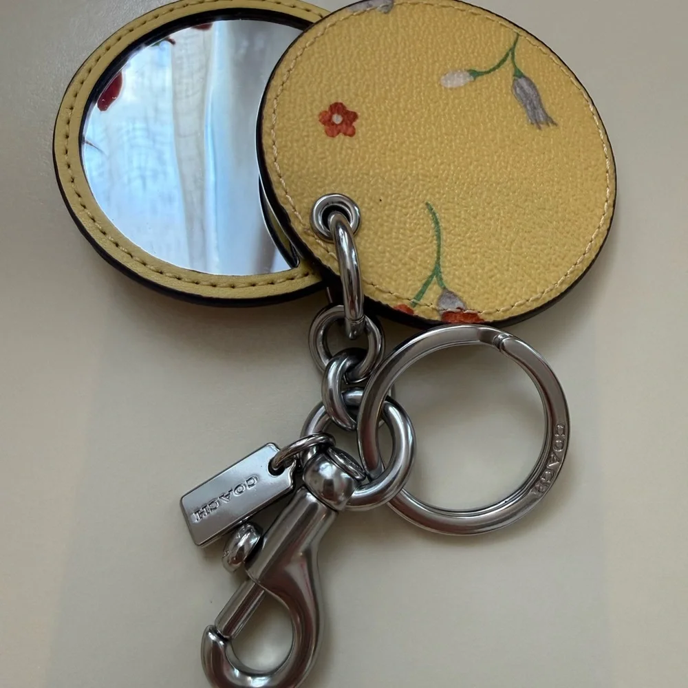 COACH Yellow Floral Leather Mirror Keyring with Silver Hardware - Picture 3 of 6